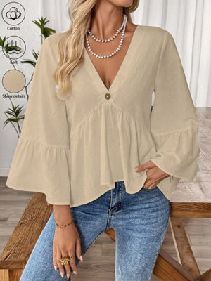 V-Neck Bell Sleeve Blouse
