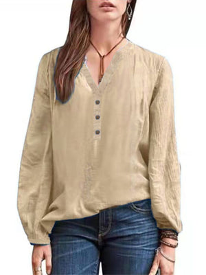 Full Size Notched Long Sleeve Blouse Plus Size