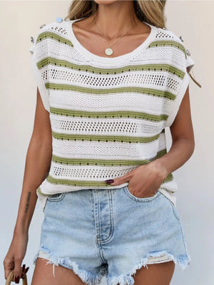 Openwork Round Neck Cap Sleeve Knit Top