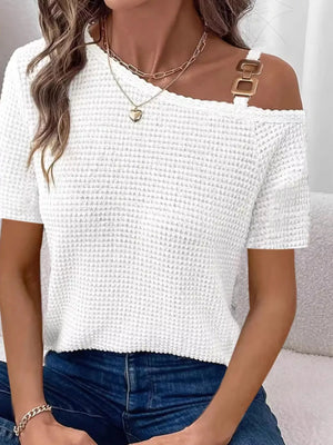 One-Shoulder Chain Detail Waffle Knit T-Shirt