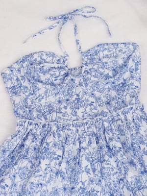 Floral Print Halter Neck Ruffle Hem Summer Dress