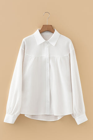 Crinkled Texture Lantern Sleeve Button Down Loose Shirt