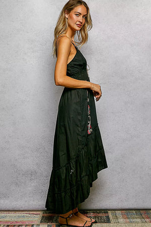 POL Embroidered Detail Tassel Tie Smocked Waist Midi Tiered Cami Dress