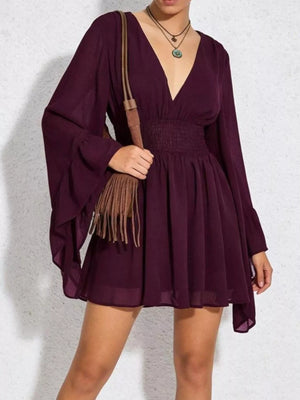 V-Neck Flowy Long Sleeve Mini Dress