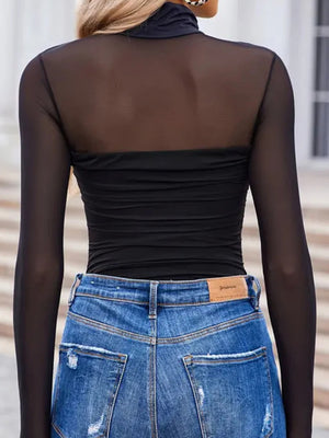 Sheer Mesh Patchwork High Neck Long Sleeve Top
